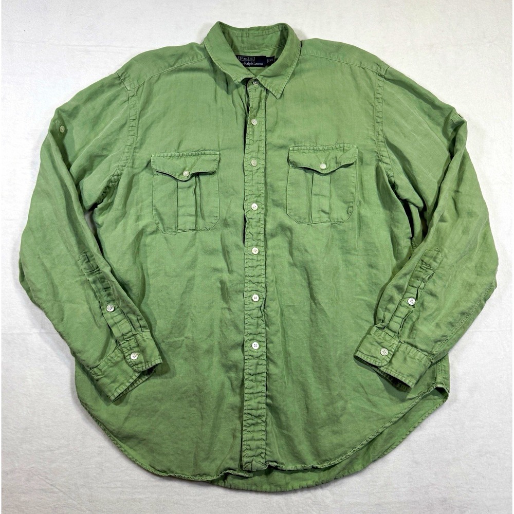 Vintage Polo Ralph Lauren Men XL Linen Silk Safari Utility Shirt Green Roll Tab